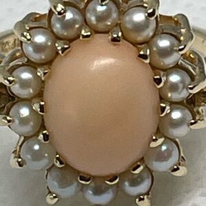 14K Yellow Gold Angel Coral Ring  Pearl Halo Sz 5.25  vintage